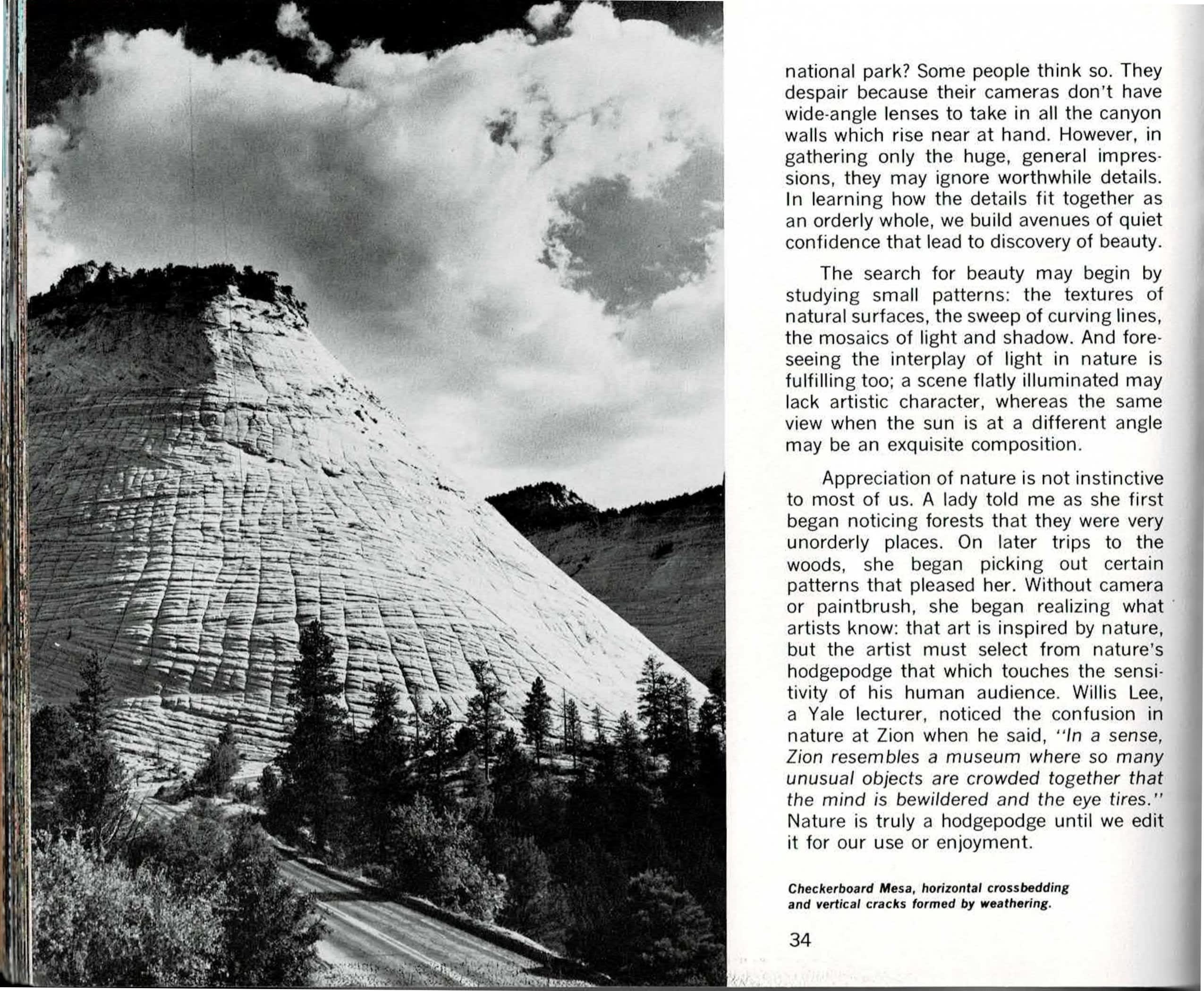 A two-page spread: at left, a text column above a full-bleed black and white photograph of Checkerboard Mesa, its crossbedded sandstone face cut by vertical weathering cracks into a grid pattern, conifers along its base and cumulus clouds filling the sky above; at right, a full-bleed black and white close-up of hundreds of small spherical iron concretions embedded in a sandstone matrix, above a text column that opens 'Beauty exists only in the individual mind' and turns, under the run-in subhead 'Beauty in Stone,' to Part One's closing argument.