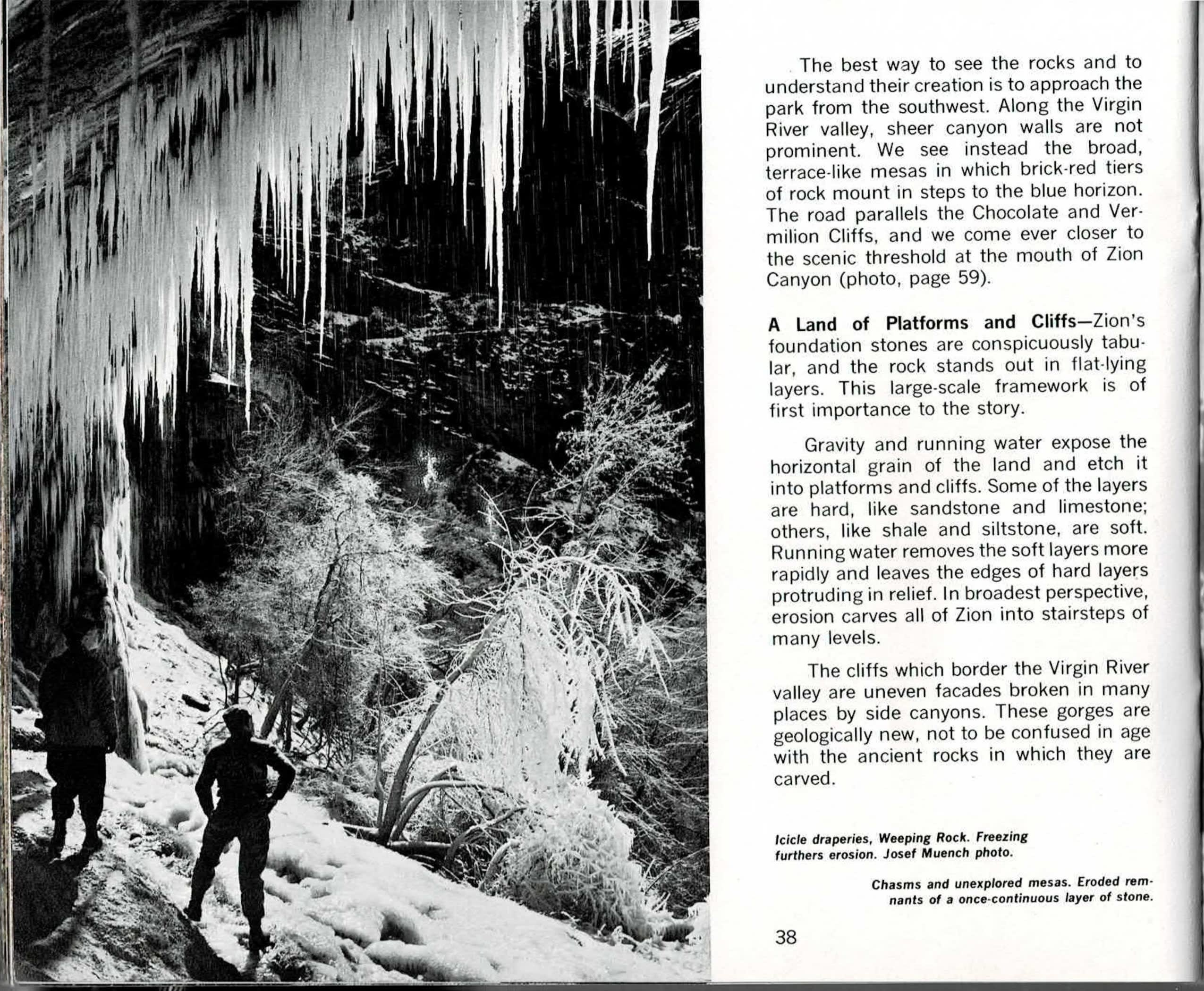 Black-and-white spread: massive icicles hang over two silhouetted hikers in a snowy canyon on the left page, facing a full-page aerial photograph of terraced, snow-dusted mesas and side canyons on the right page.