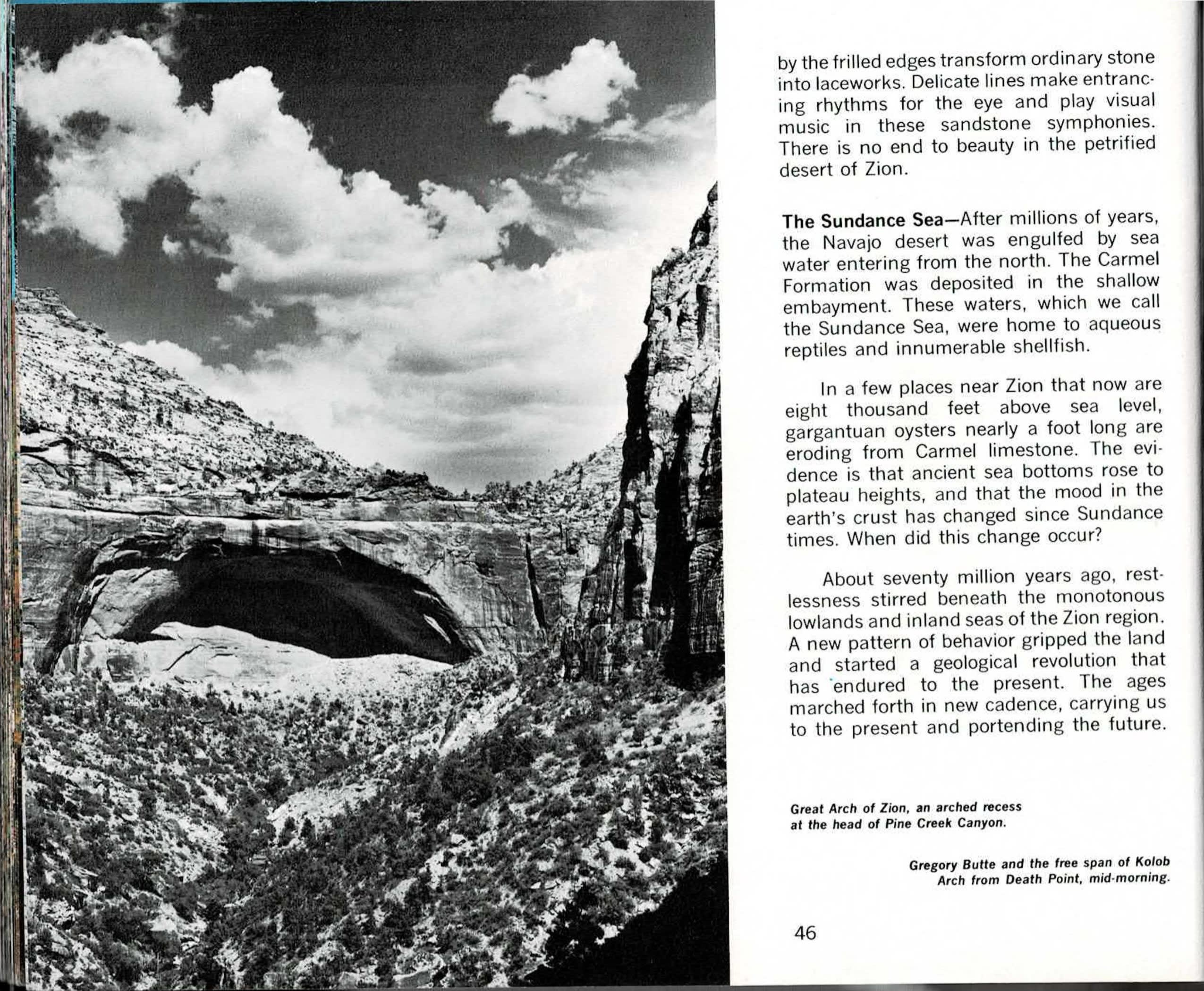 Black-and-white photograph of a canyon with a large arched rock recess beneath dramatic clouds on the left page, facing a full-page photograph of a hiker standing before a large sandstone butte with a natural arch near its base, bare trees and snow in the foreground on the right page.