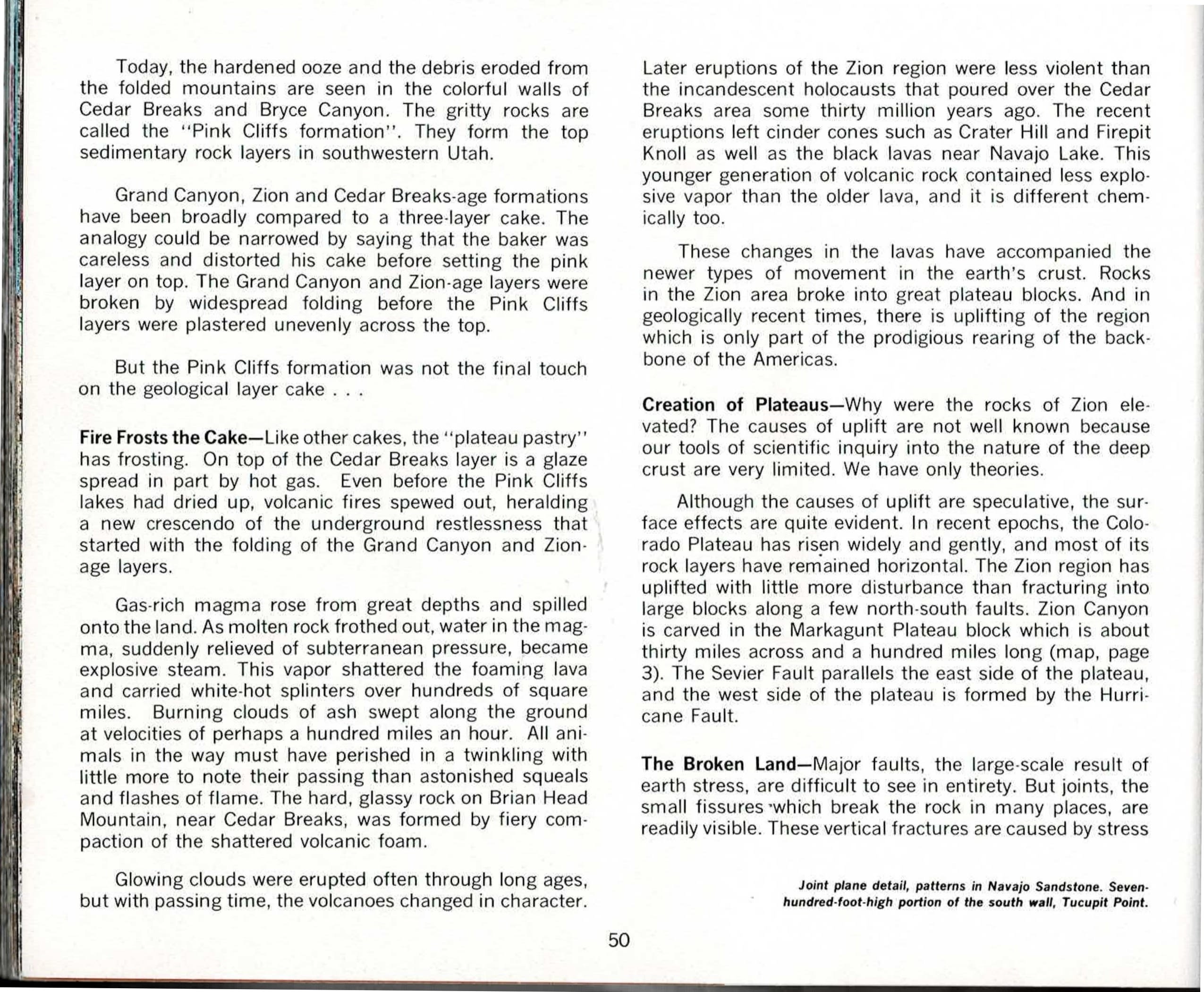 Colour spread with printed text columns for page 50 on the left, and a full-bleed black-and-white photo of a heavily fluted, joint-fractured sandstone canyon wall filling the entire right-hand page, its surface carved into sculpted pillars and buttresses by deep vertical cracks.