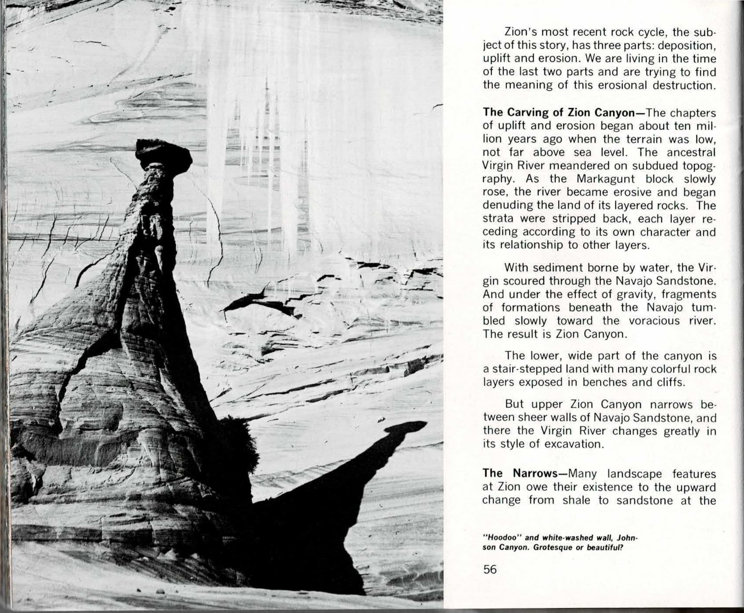 Black-and-white and color spread with printed text columns for page 56, including the run-in heading The Carving of Zion Canyon, above a black-and-white photo of a dark hoodoo silhouetted against a pale, streaked cliff wall in Johnson Canyon, facing printed text continuing on page 57 above a color photo of a hiker standing beside a tall banded sandstone pillar ringed with dark, iron-rich boulders.