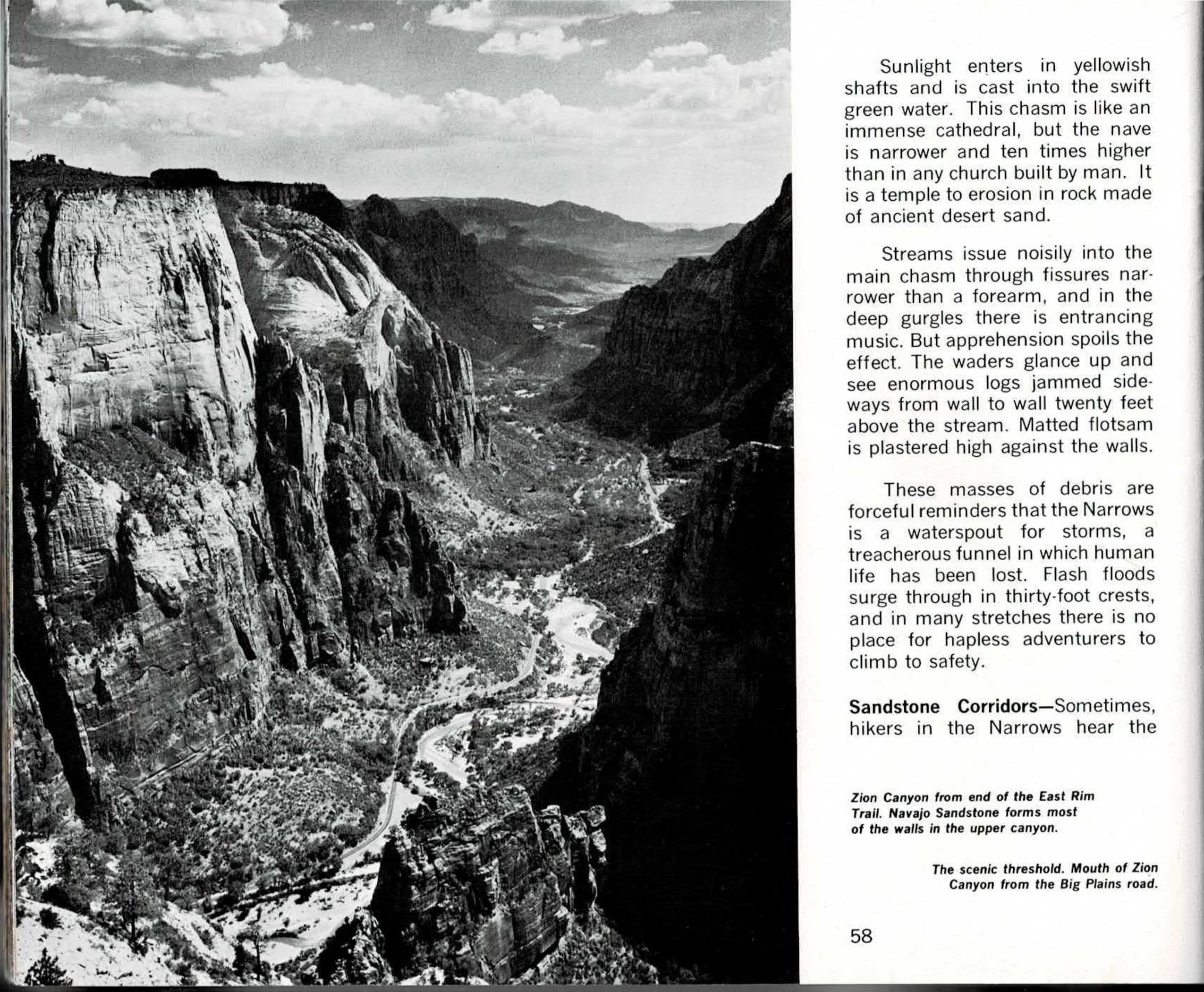 Black-and-white spread with printed text columns for page 58, including the run-in heading Sandstone Corridors, above a black-and-white photo of Zion Canyon seen from the East Rim Trail with a paved road curving through forested cliffs, facing a full-bleed black-and-white photo on page 59 of a large cumulus cloud bank towering over layered mesas and buttes.