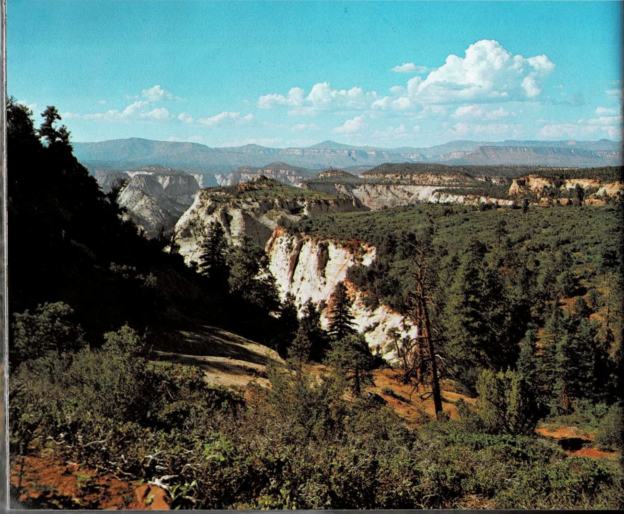 Color spread with a full-bleed color photo on page 66 of forested, dissected tablelands and white sandstone crags at Kolob Terrace, facing printed text columns for page 67, including the run-in heading Erosion of the Upper Navajo Sandstone, a block quotation from Clarence Dutton, and a color photo of a deeply undercut sandstone alcove with a hiker at its base.