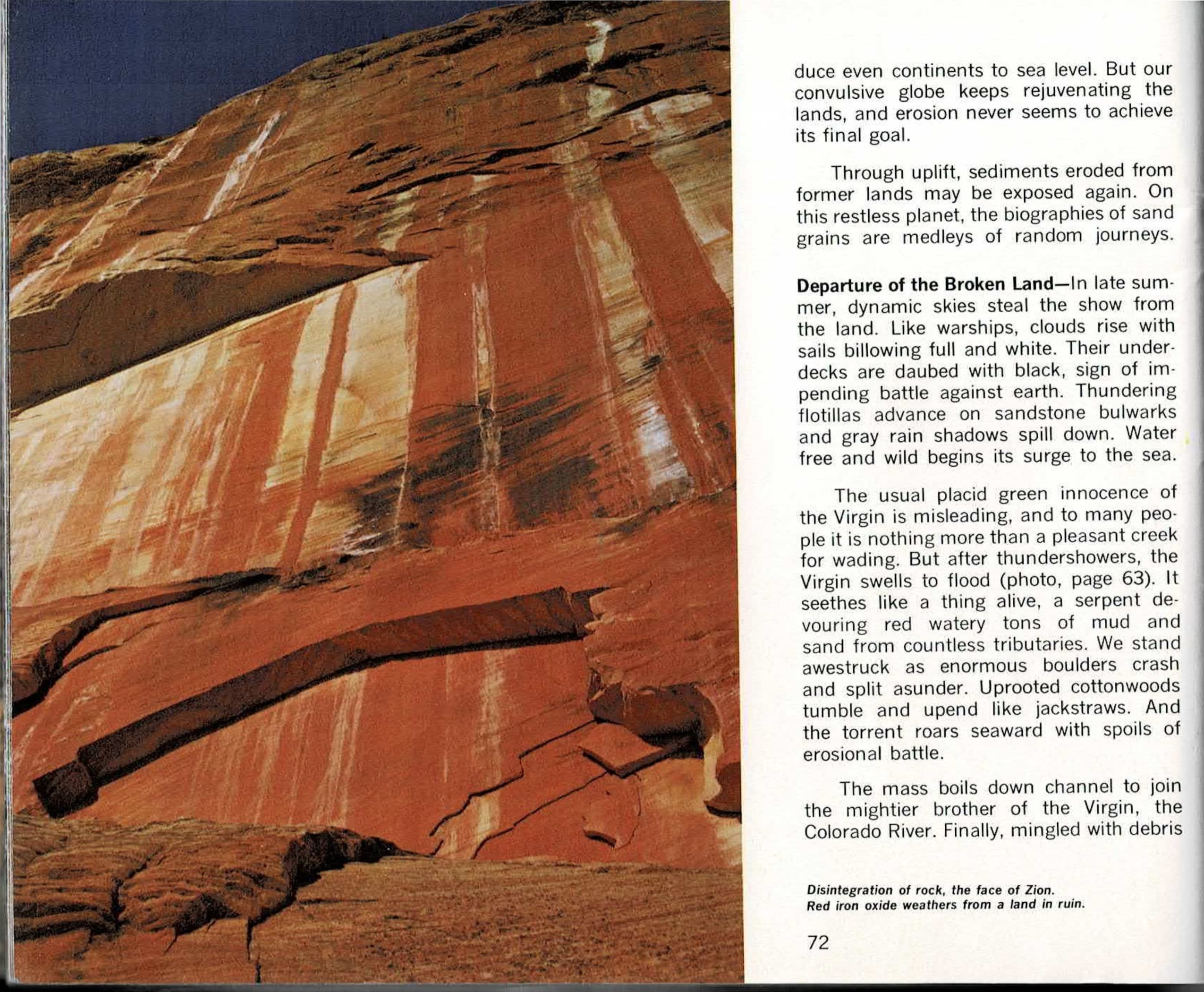 Color spread for page 72, showing a deeply streaked red sandstone cliff face weathering into vertical bands beside printed text columns including the run-in heading Departure of the Broken Land, facing page 73's closing text columns and a color photograph filling roughly two-thirds of the page, showing the Great White Throne monolith lit in late-afternoon autumn light with golden cottonwoods at its base.
