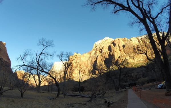 The Canyon Overlook Trail approaching a red rock amphitheater in Zion