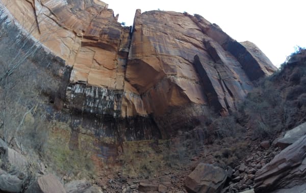 A water-streaked sandstone alcove wall above a pool on the Emerald Pools trail