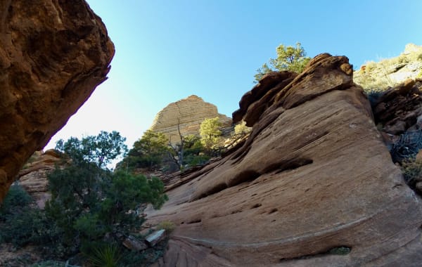 Sculpted sandstone striations along the slickrock ledges of the Canyon Overlook Trail