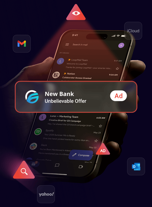 Phone showing a typical Big Tech email inbox with ads and tracking
