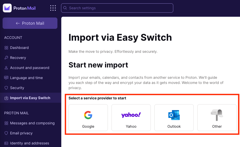 Options pour sélectionner votre fournisseur de services dans Easy Switch