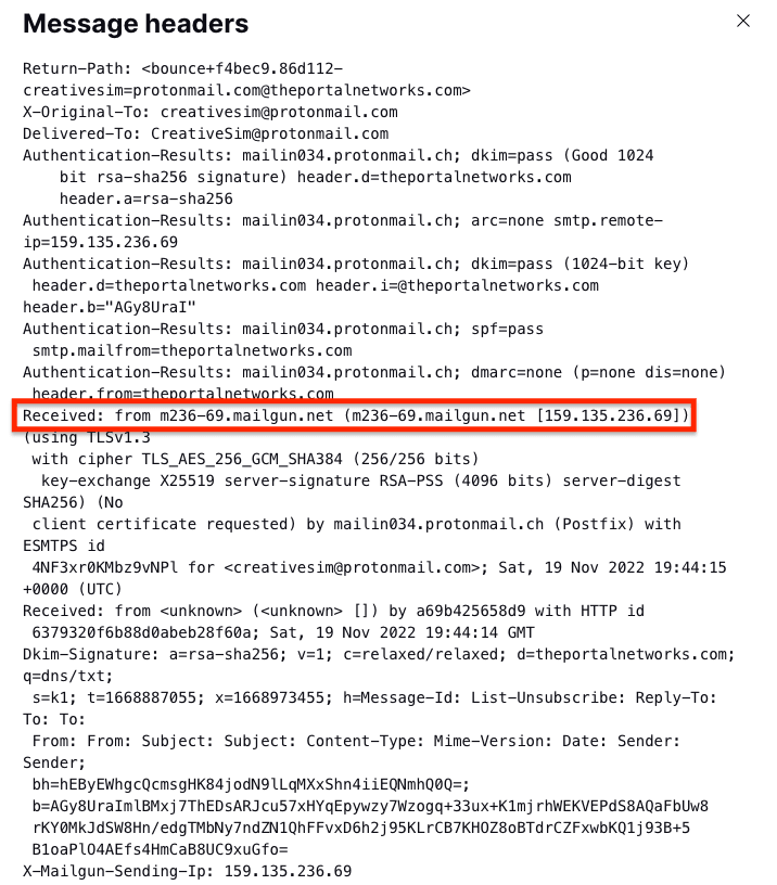 Encabezado de mensaje que muestra el campo recibido con la dirección IP de origen