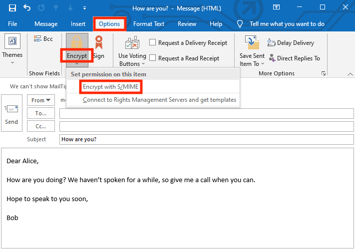 S/MIME encryption buttons in the Outlook desktop app to send a secure email in Outlook