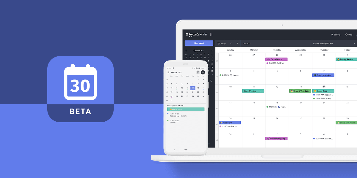 An illustration of Proton Calendar beta for web and Android