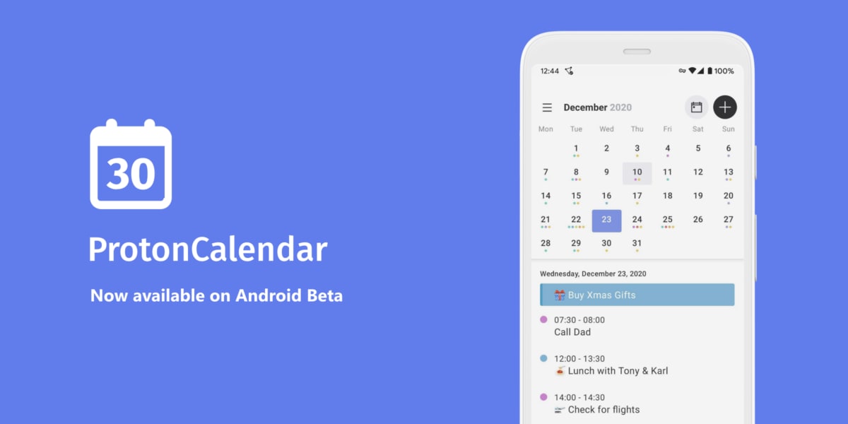 An illustration of the Proton Calendar Android app beta.