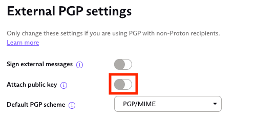 Proton Mail Attach Public Key Default Switch