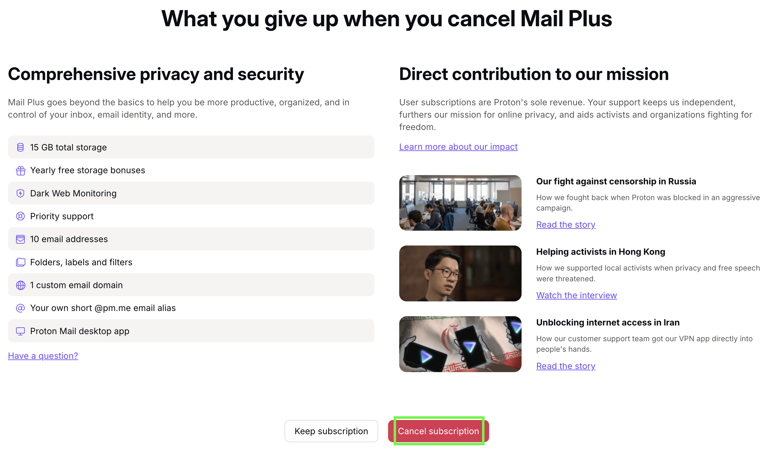 Confirm canceling your Proton subscription