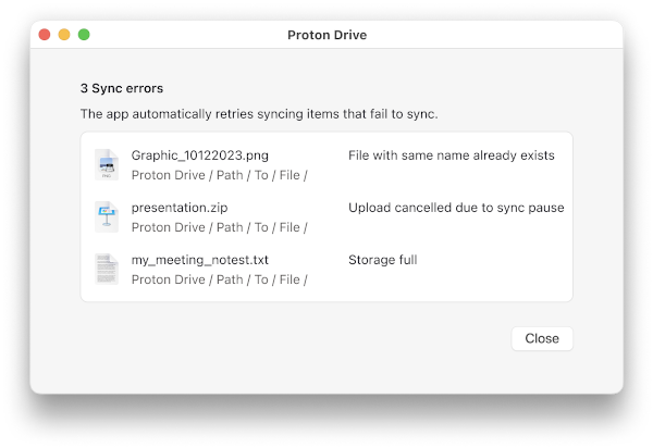 Proton Drive MacOS error details