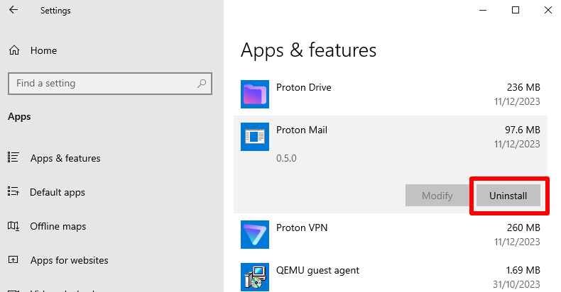 Come disinstallare l'app Proton Mail su Windows 10