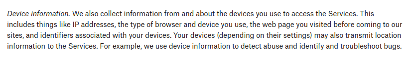 Dropbox privacy policy device information
