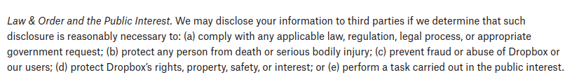 Dropbox privacy policy law and order