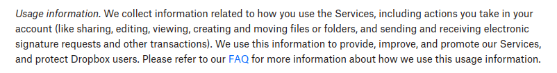 Dropbox privacy policy usage information