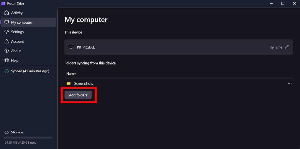 Adding a sync folder in Proton Drive