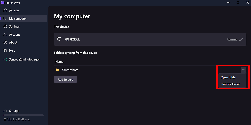 Proton Drive unsync folder
