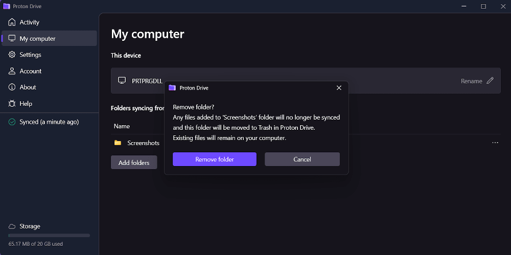 Confirming unsync in Proton Drive