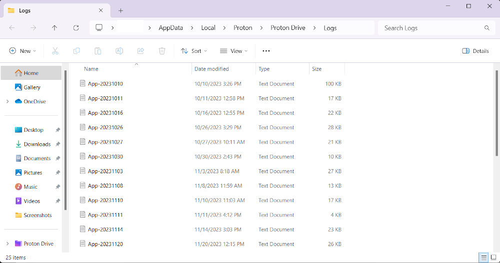 The location of the Proton Drive logs in Windows