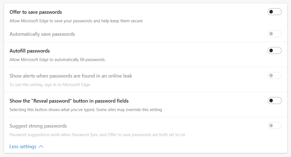 Edge password manager toggled off