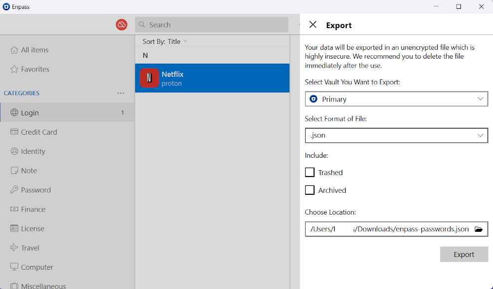 Enpass export options