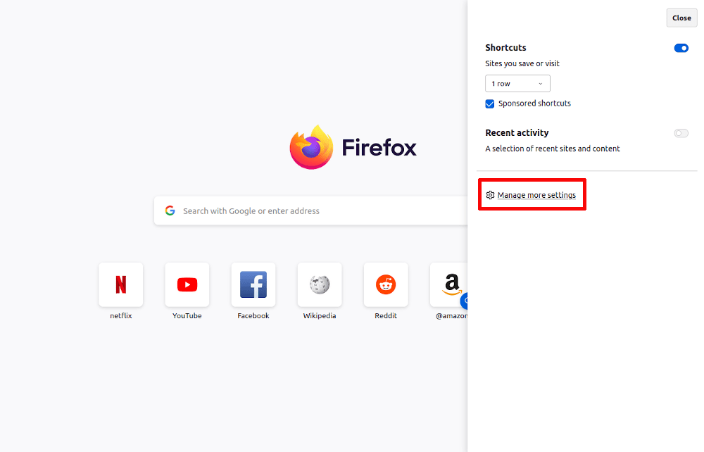 Pannello iniziale delle impostazioni di Firefox