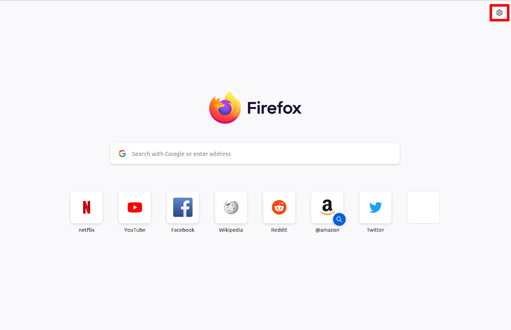 Firefox desktop view with settings icon