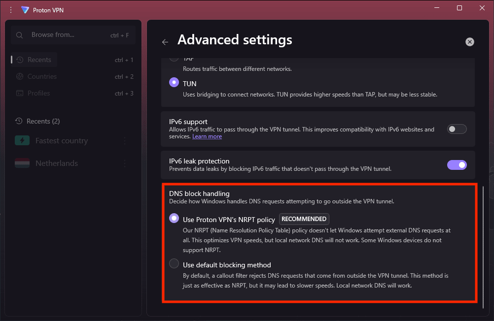 DNS block handling on the Proton VPN Windows app