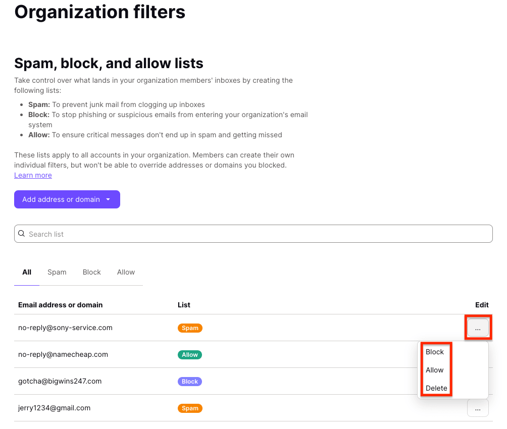 Edit column showing the options to Delete or move to another list