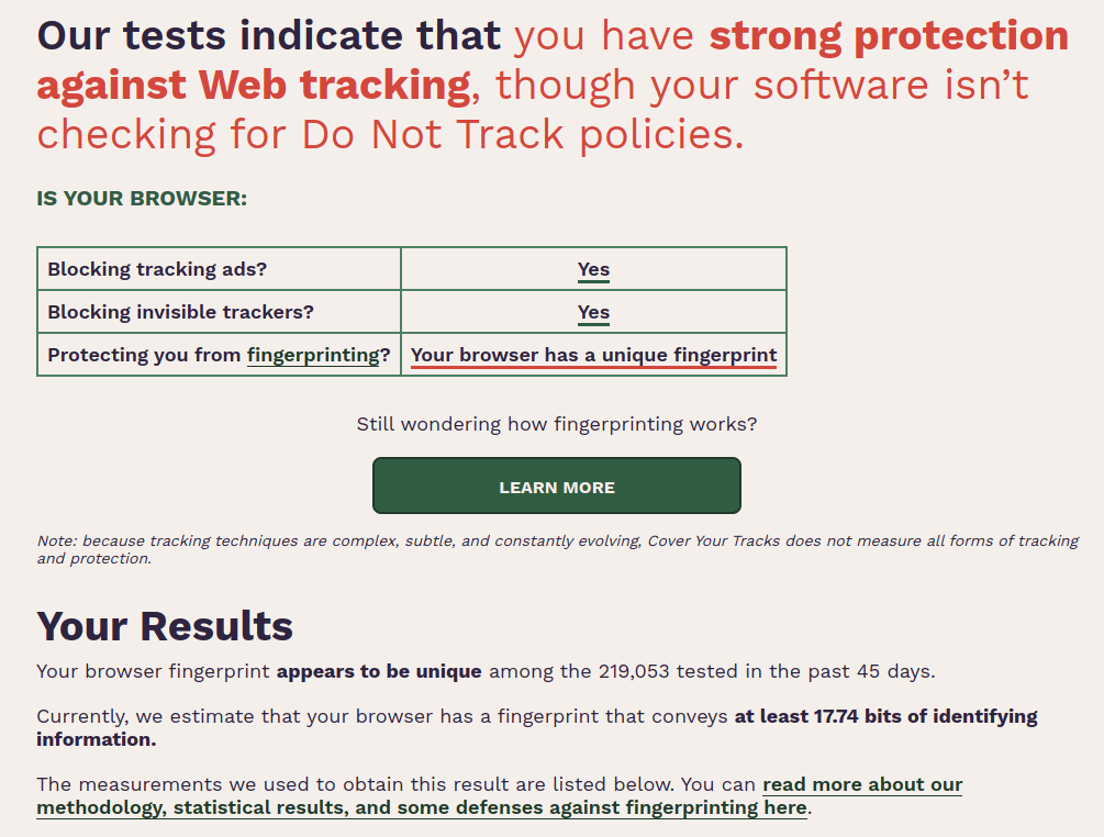 Cover your tracks mostra "Il tuo browser ha un fingerprint unico"