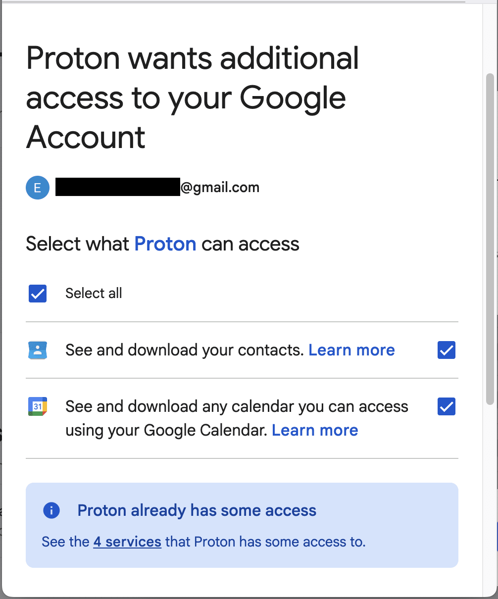 Proton Mail needs additional access to your Google Account to import Gmail data