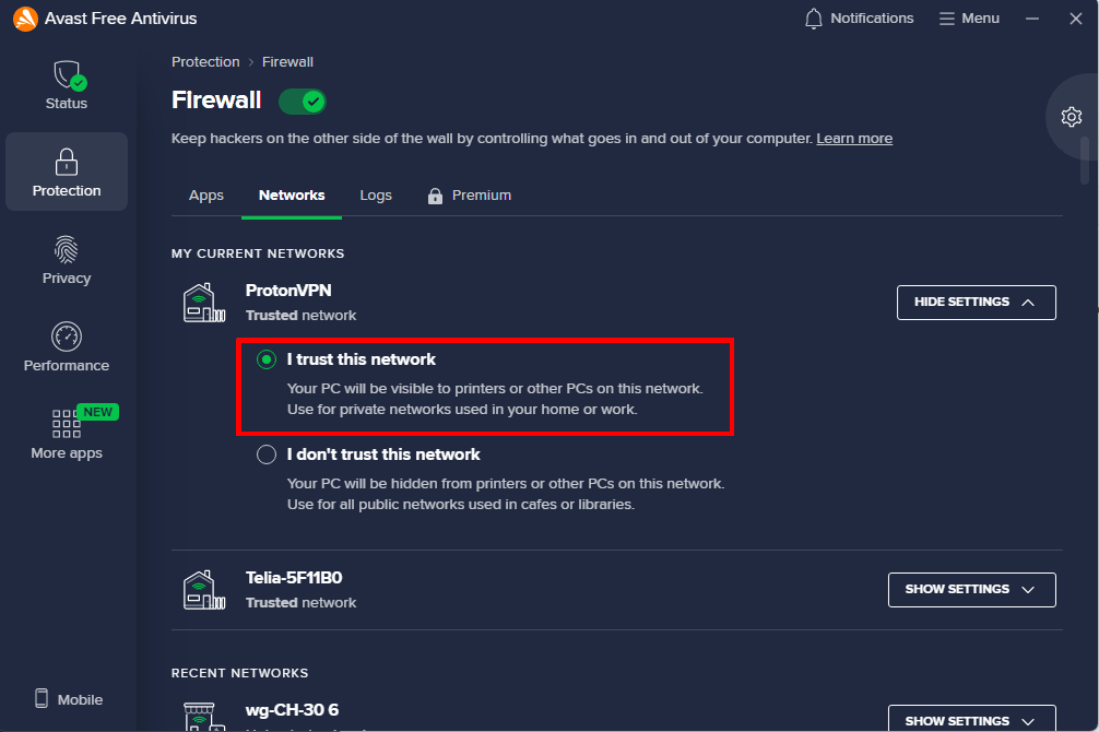 How to exempt Proton VPN from the Avast firewall 3