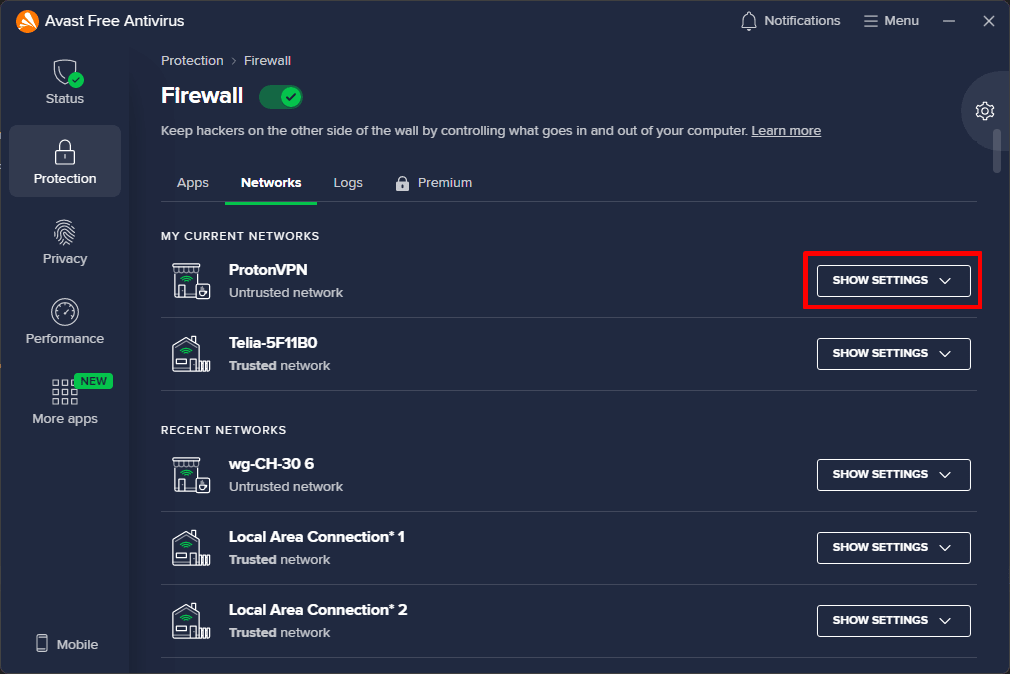 How to exempt Proton VPN from the Avast firewall 2