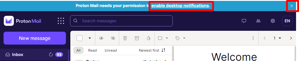 Banner asking permission to enable desktop notifications