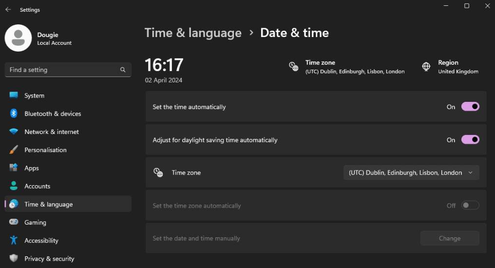 Chane system time on Windows