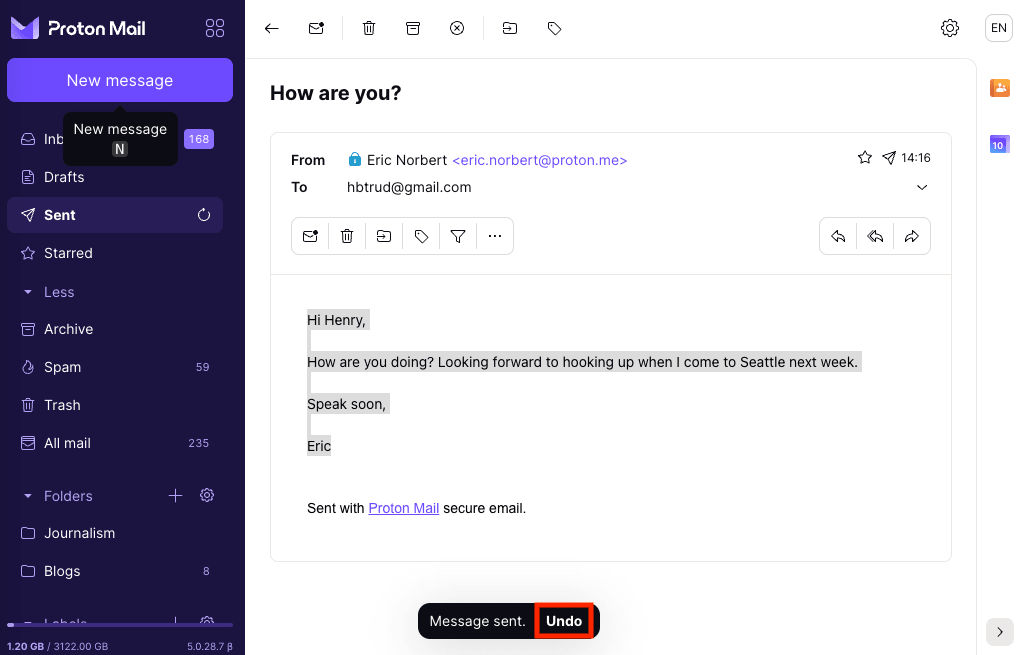 Undo button to unsend an email on the Proton Mail web app