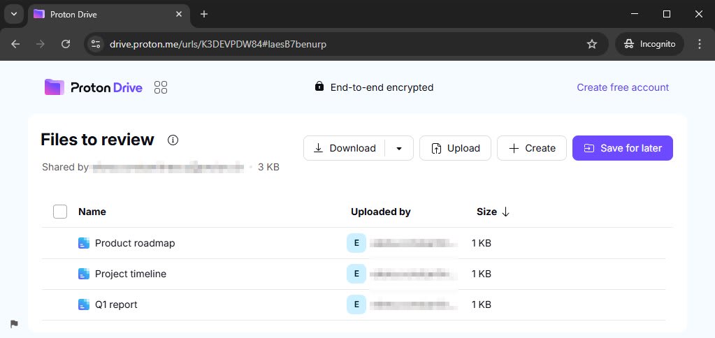 Proton Drive shows how a shared folder with edit access looks to someone else in the web browser