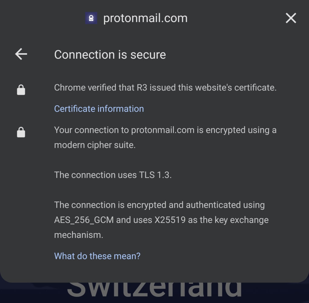 Cgrome for Android showing encryption details
