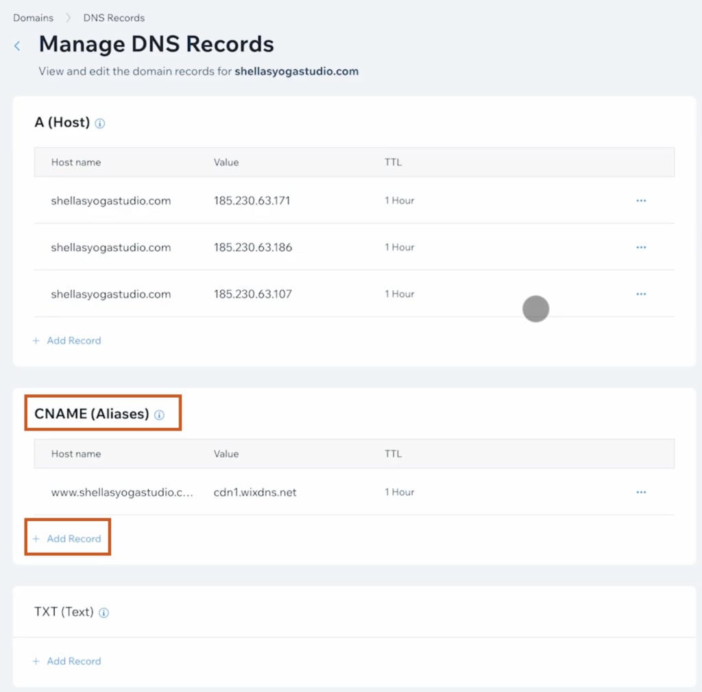 DNS settings in Wix highlight the CNAME records