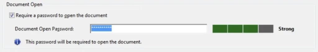 Adobe Acrobat Pro shows the "Require a password to open document" option