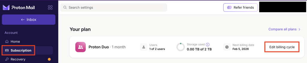 How to edit your billing cycle in Proton Account settings
