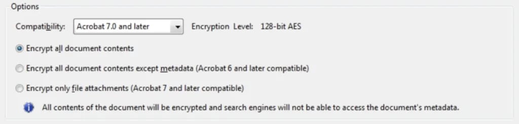 Adobe Acrobat Pro shows the "Encrypt all document contents" option