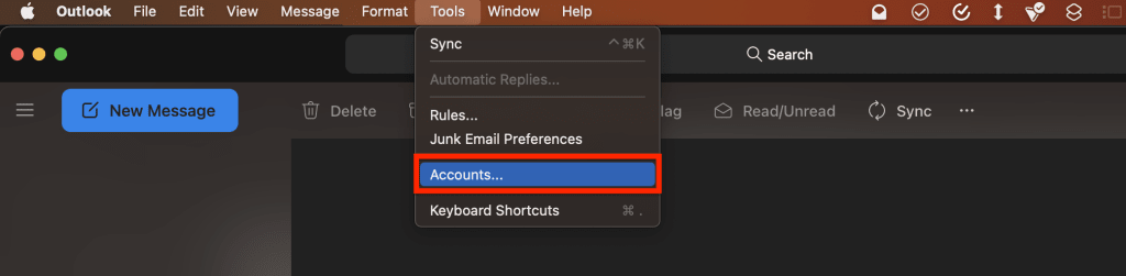 Accounts option in the Tools menu