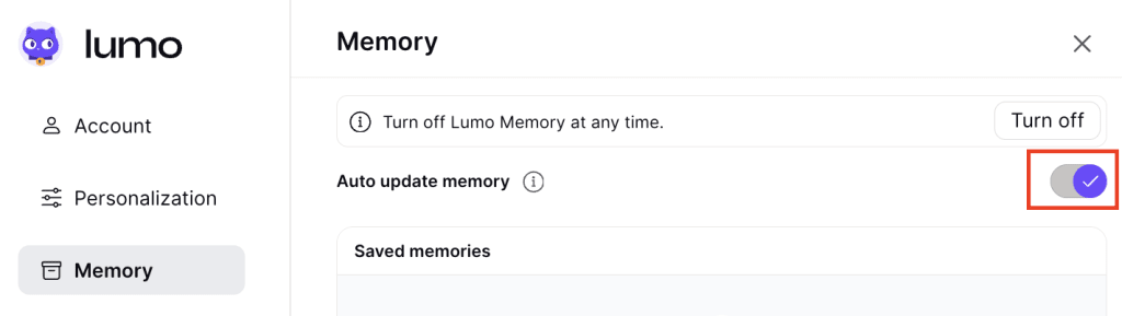 Lumo Memory settings screen with the auto update memory toggle highlighted.