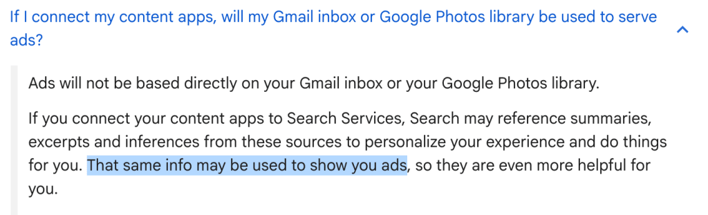 Google FAQ stating that Gmail data can be used for ads